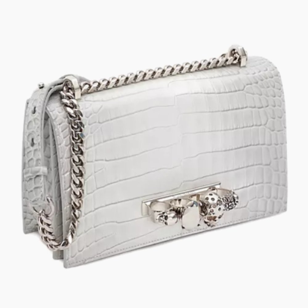 Alexander McQueen Medium Four Ring Croc-Embossed Leather Crossbody Light Gray - Picture 5 of 11